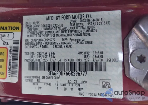 2016 Ford Fusion Se из США, поврежденный, VIN 3FA6P0H76GR296777